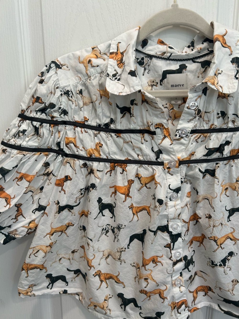 Anthropologie White Dog-Print Button Front Blouse - Picture 5 of 9